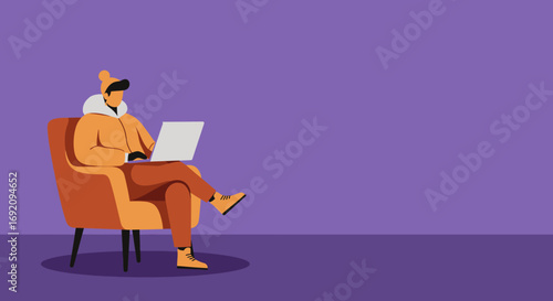 Person in cozy winter attire working remotely on a laptop, comfortably seated. Illustrates remote work, online learning, digital lifestyle, technology, business, and leisure themes.
