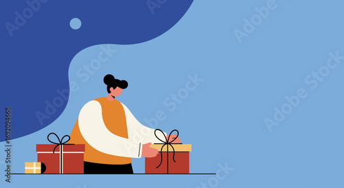 Person arranging festive gift boxes, symbolizing holidays, giving, and celebration. Ideal for e-commerce, promotions, or special occasion themes.