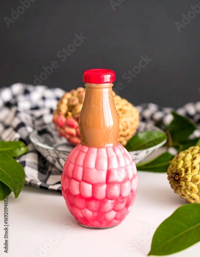 Pink bottle of drink with fruit