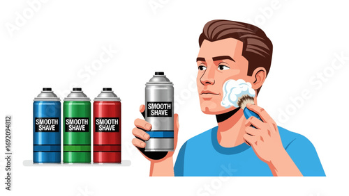 Man with shaving brush and foam applying shaving cream from a can with three other aerosol cans in the background