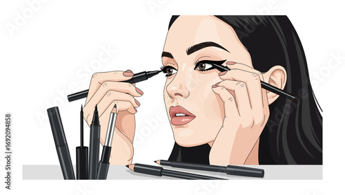 Close up illustration of a young woman applying black liquid eyeliner to her upper eyelid with a steady hand and focused expression