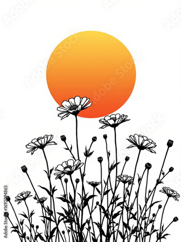 Minimilist black and white daisies with buds against a gradient orange sun on a white background creating contrast vector