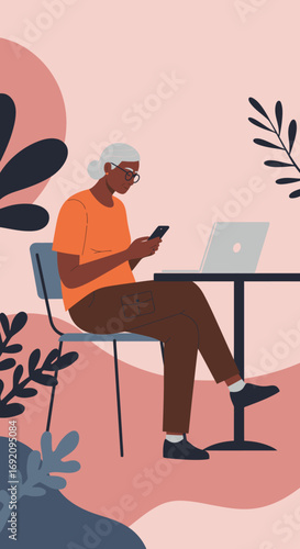 Elderly Black woman casually uses smartphone and laptop at a table with abstract plants, symbolizing modern connectivity and active senior lifestyle.