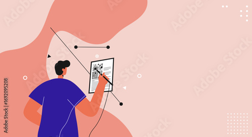 Illustration of a person analyzing a document with graphs and data, representing business planning, strategic review, and information processing. Ideal for concepts of work, education, or finance.