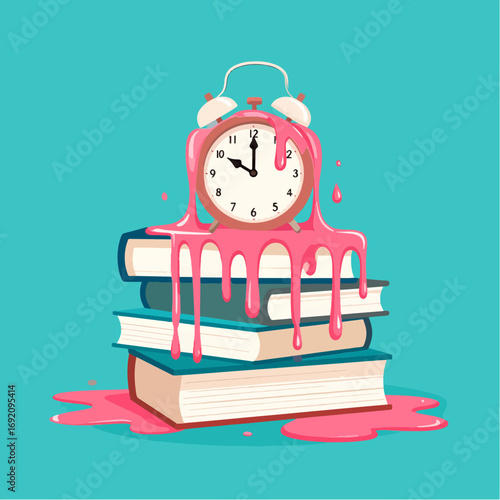 Pink alarm clock melting on a stack of books, symbolizing time slipping away, deadlines, and the importance of learning against a teal blue background.