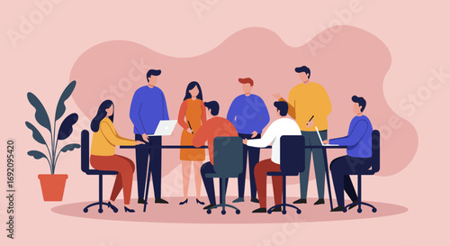 Diverse business team collaborating in a modern office meeting, discussing projects with laptops. Ideal for corporate teamwork, innovation, and professional development concepts.