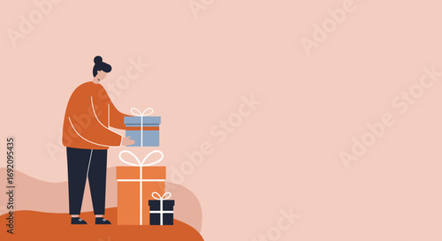 Minimalist illustration of a person stacking colorful gift boxes. Represents holidays, celebrations, online shopping, or thoughtful giving. Perfect for promotions or festive themes.