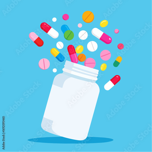Pills spilling from a white prescription bottle, with colorful capsules and tablets floating against a light blue background, illustrative and pharmaceutical.