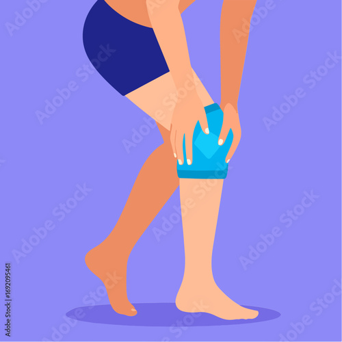 Person holding a blue ice pack against their knee, wearing dark blue shorts, on a light purple background, illustration about pain relief and treating injury.