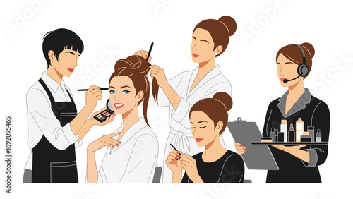 Diverse group of beauty professionals including makeup artists hairstylists and a customer service representative offering cosmetic products and services