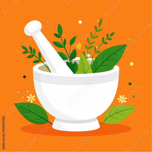 Mortar and pestle with herbs, bright and cheerful flat design style on orange background, representing holistic medicine, wellness, and natural remedies.