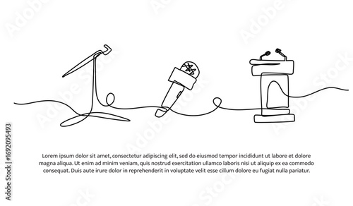 Continuous line design of mic on stand and podium. Single line decorative element drawn on white.