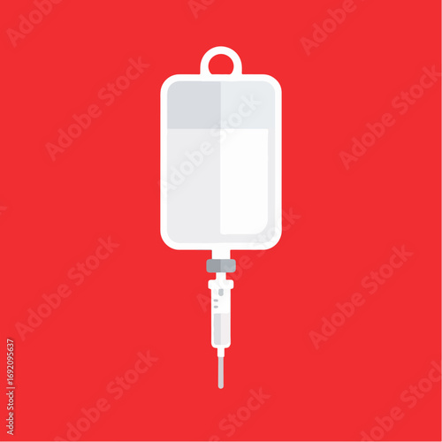 IV drip bag on a red background, medical intravenous saline solution for patient treatment, minimalist vector illustration of hospital healthcare and hydration.