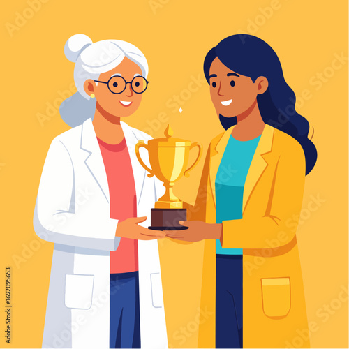 Golden trophy is presented by a younger doctor to an older, grey-haired doctor in lab coat, symbolizing success, recognition, achievement on a mustard background.