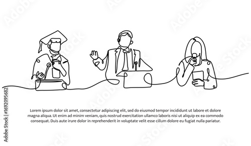 Continuous line design of press conference. Single line decorative element drawn on white.