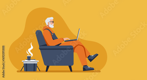 A senior man comfortably uses his laptop from an armchair, enjoying a hot drink. Depicts modern retirement, digital literacy, or remote work.