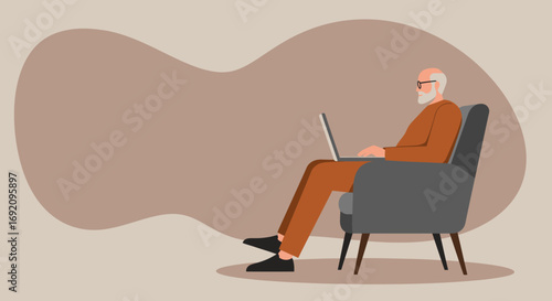 Elderly man in glasses and suit comfortably uses a laptop in an armchair. Illustrates remote work, digital learning, or leisure for seniors.