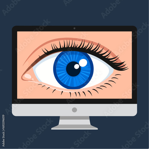 Blue eye on a computer screen, showing a close-up of an eye with blue iris, eyelashes and eyebrow, computer monitor against a dark blue background.