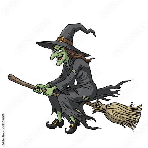 Halloween witch flying with broom