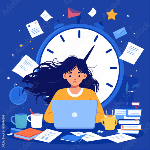 Woman working at a desk with laptop, surrounded by books, papers, mugs, and a giant alarm clock against a blue background, illustration about stress and deadlines.