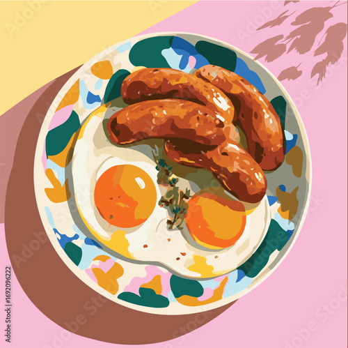 Vector illustration of Italian Sausage on a plate with fried eggs for kitchen wall poster