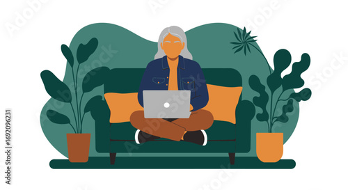 Mature woman engaged with her laptop from the comfort of her home sofa. Captures remote work, online learning, and a modern, connected lifestyle.
