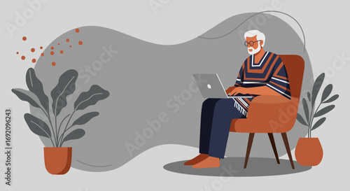 Elderly man comfortably works from home on his laptop. Captures modern senior lifestyle, remote work, and digital connectivity, ideal for business, technology, or health themes.