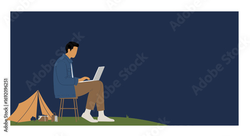 Man works on laptop while camping, symbolizing remote work, digital nomad lifestyle, and freedom. Ideal for business, travel, and adventure concepts.