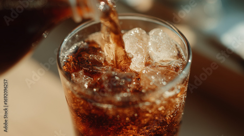 Close-up shot of soda being poured from a bottle into a glass