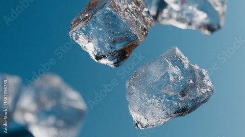 Macro shooting ice cubes flying on a blue background in a photo studio