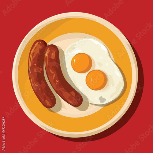 Vector illustration of Italian Sausage on a plate with fried eggs for kitchen wall poster