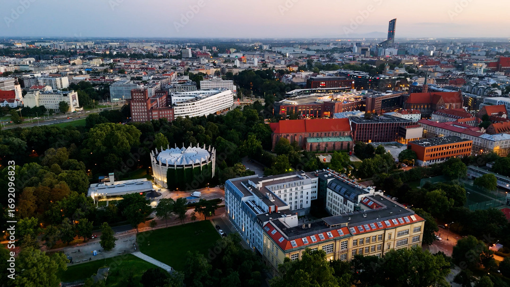 Obraz premium old European city city center view from above evening night illumination Wroclaw Poland