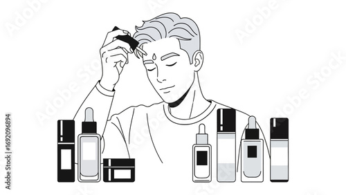 Young man applying serum to his face with a dropper surrounded by various skincare products and bottles in a minimalist black and white illustration style