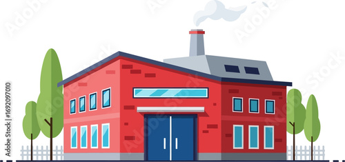 Bright red factory building with smoking chimney and trees in a clean, modern illustration style.