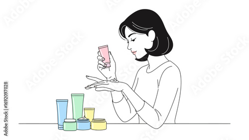 Young woman with short dark hair carefully applying nail polish to her fingernails with a small bottle of polish in her hand