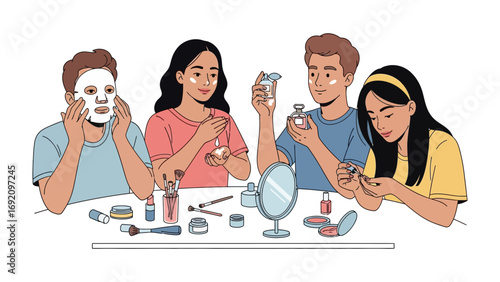 Diverse group of young friends applying skincare and makeup together at a table enjoying a beauty routine and self care session celebrating friendship and personal grooming