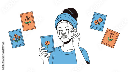 Young woman with a towel on her head applying a facial sheet mask surrounded by colorful packaging of various skincare treatments