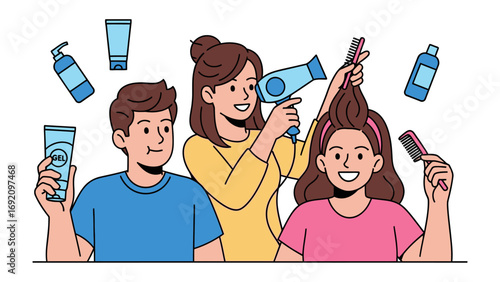 Happy diverse family enjoying a fun hair styling session at home with a hairdryer and brushes for a fresh new look