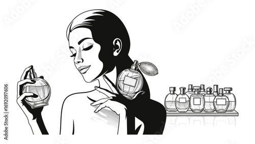 Elegant woman with eyes closed applying perfume from a stylish bottle surrounded by a collection of fragrance bottles on a shelf in a black and white illustration style