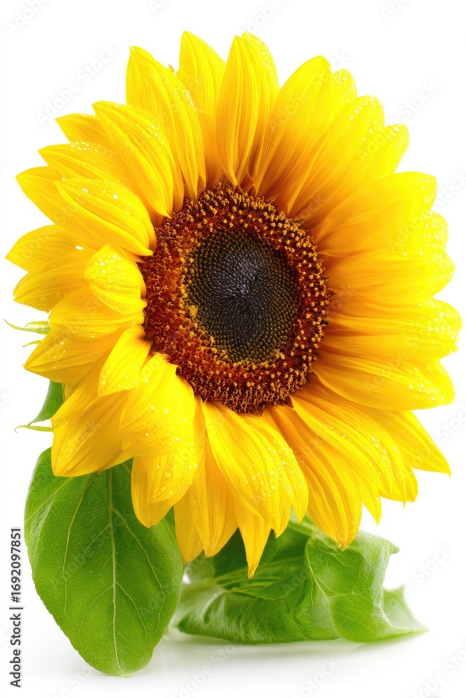 Obraz premium Bright yellow sunflower with dew drops, green leaves on white