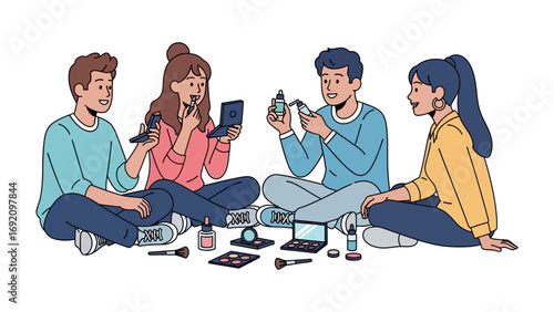 Diverse group of young friends sitting in a circle applying makeup and grooming themselves sharing beauty products and enjoying a fun social gathering together
