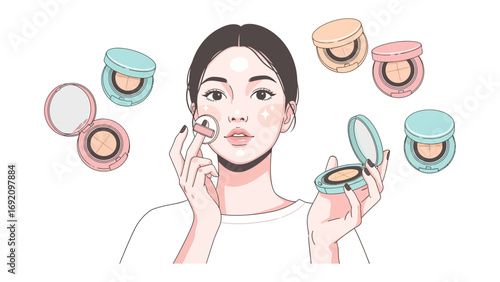 Young woman applying makeup with a cushion compact surrounded by various colorful makeup compacts and beauty products in a playful illustration style