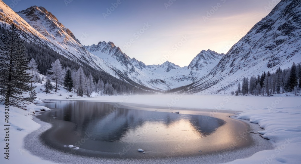 Fototapeta premium Majestic snow covered mountains reflected in a frozen alpine lake.