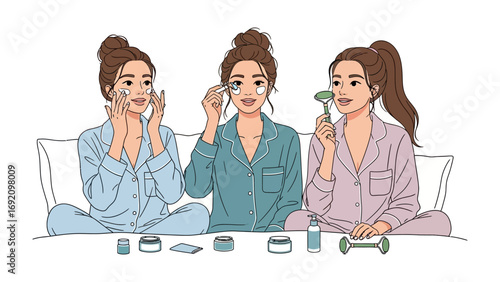 Three young women in pajamas applying skincare products and using jade rollers for a relaxing beauty routine at home