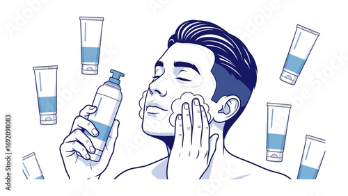 Young man with eyes closed applying skincare foam to his face with a hand surrounded by tubes of cosmetic products
