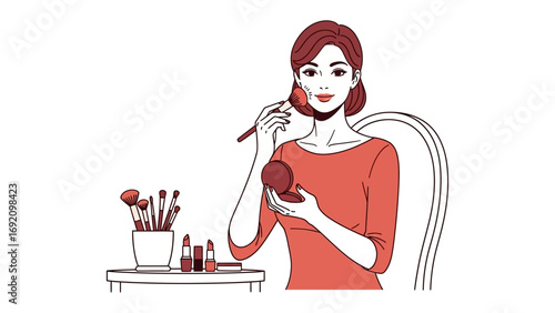 Elegant woman applying makeup with a brush and compact mirror surrounded by beauty products and brushes in a stylish illustration