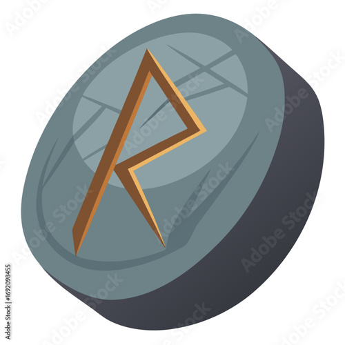 A round gray stone or rune with a golden angular symbol resembling a lightning bolt or runic letter carved into its surface.