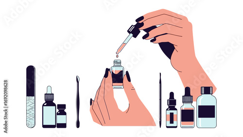 Close up of a person s hands carefully applying a drop of liquid from a dropper bottle into another small bottle for cosmetic or beauty product creation