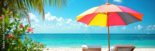 Serene scene of a colorful umbrella providing shade on a sunny day, perfect for relaxation A tranquil escape, ideal for summer vibes and peaceful moments , summer, bright sky, comfort