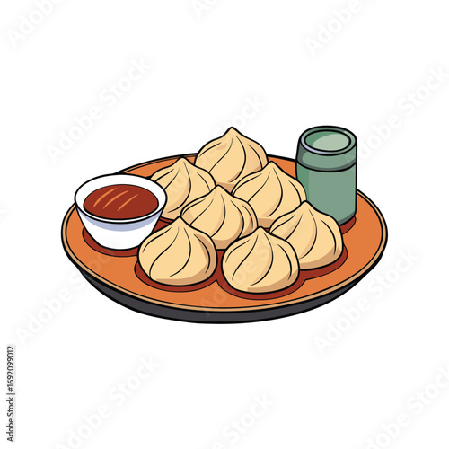 Delicious chinese dumplings with soy sauce dip on a clean white background